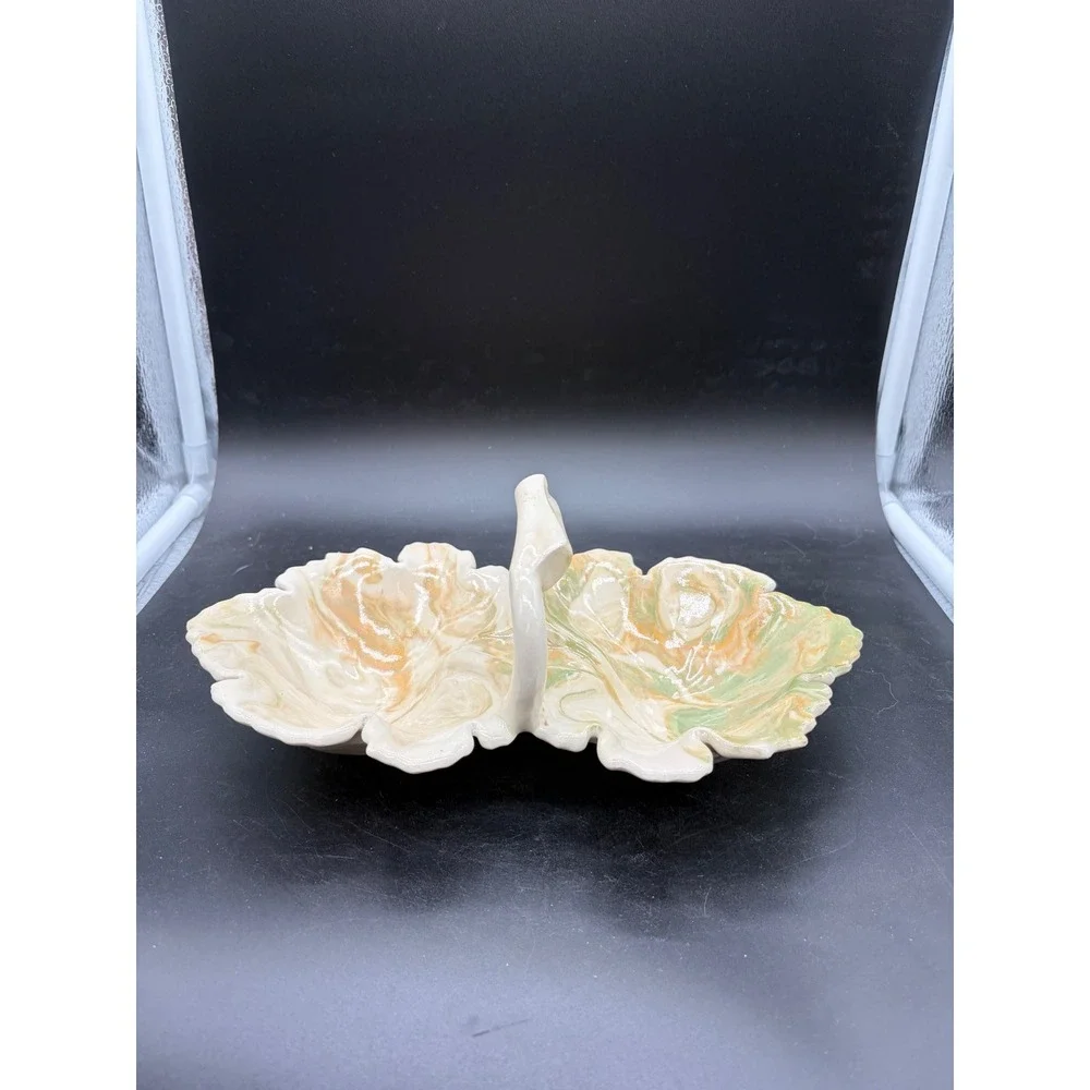 Vintage Marbled Ceramic Double Leaf Serving Dish with Handle Green Peach Cream